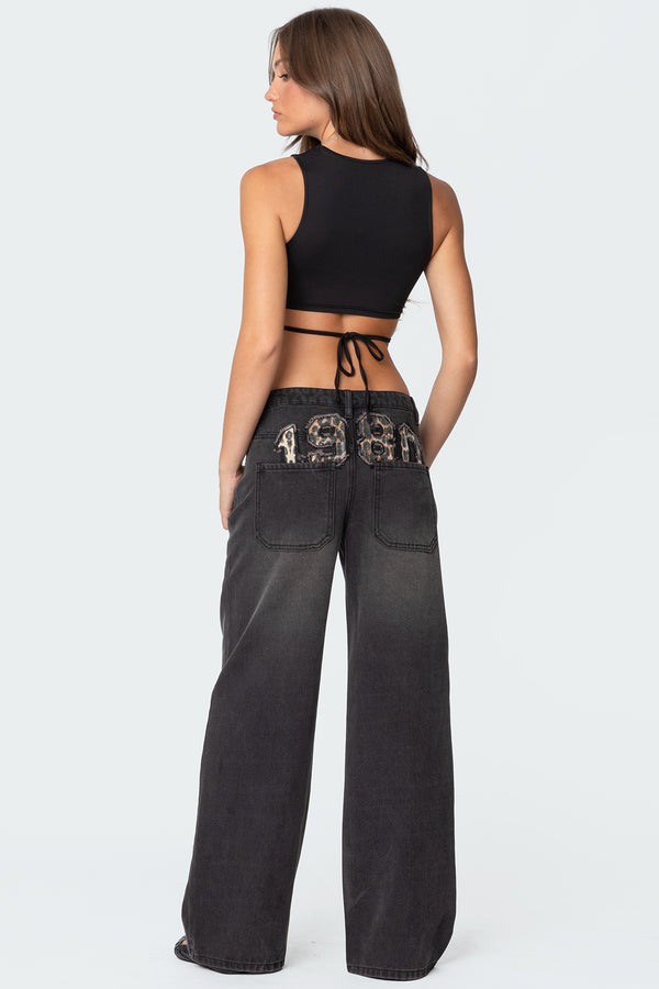 edikted 1980 Leopard Patch Low Rise Jeans black washed