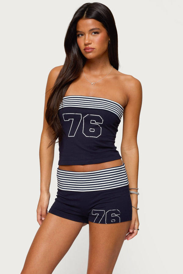 edikted 76 Stripey Fold Over Tube Top navy and white