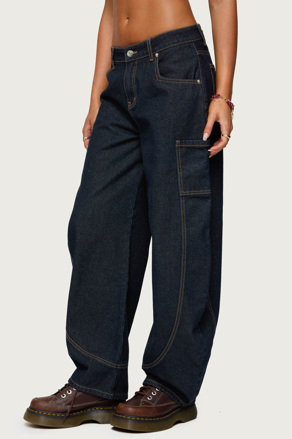 Edikted Aden Contrast Stitch Barrel Jeans Dark Blue
