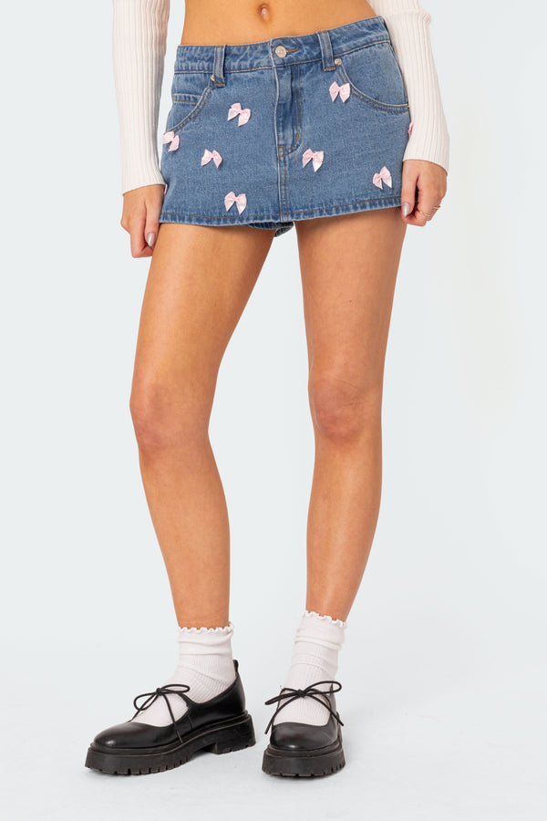 Edikted Alivia Satin Effect Bow Denim Micro Skort Blue