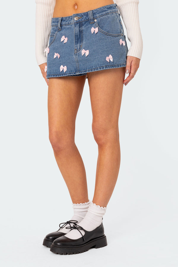Edikted Alivia Satin Effect Bow Denim Micro Skort Blue