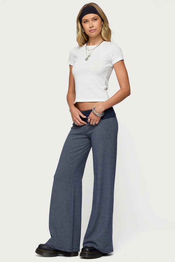 Edikted Amarna Striped Fold Over Pants Navy And White