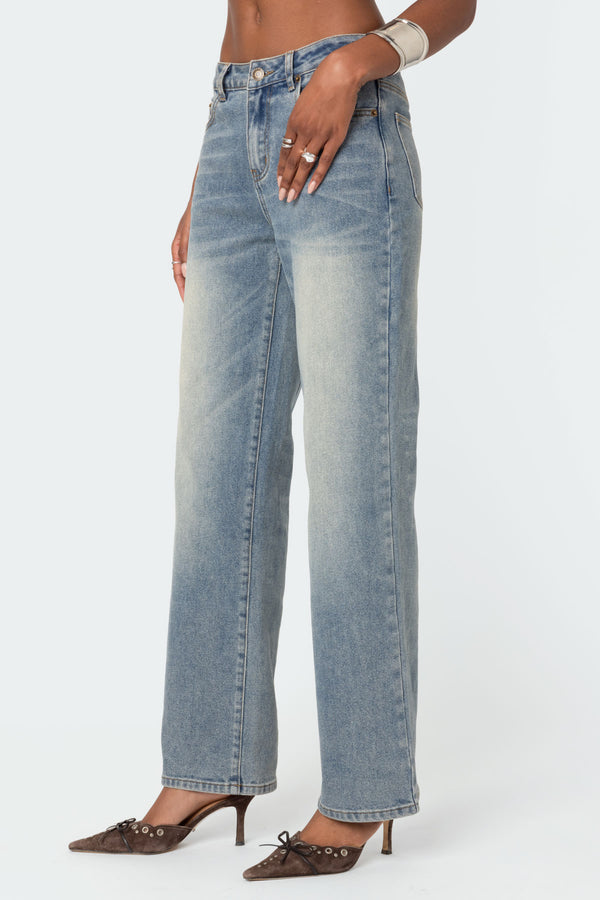 Edikted Amia High Rise Straight Leg Jeans Blue Washed