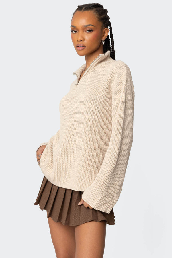 Edikted Amour High Neck Oversized Zip Sweater Beige