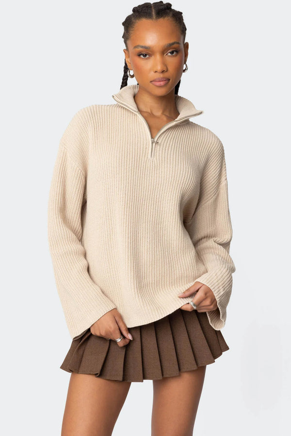 edikted Amour High Neck Oversized Zip Sweater beige