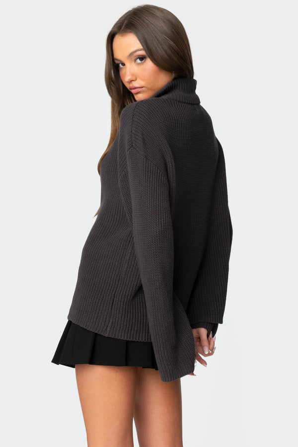 Edikted Amour High Neck Oversized Zip Sweater Dark Gray