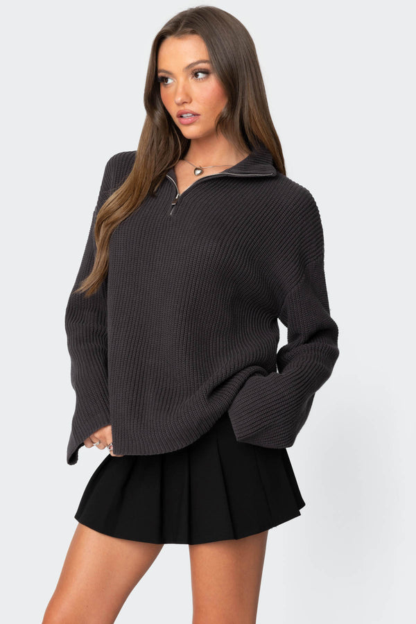 Edikted Amour High Neck Oversized Zip Sweater Dark Gray
