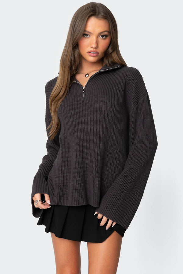 edikted Amour High Neck Oversized Zip Sweater dark gray