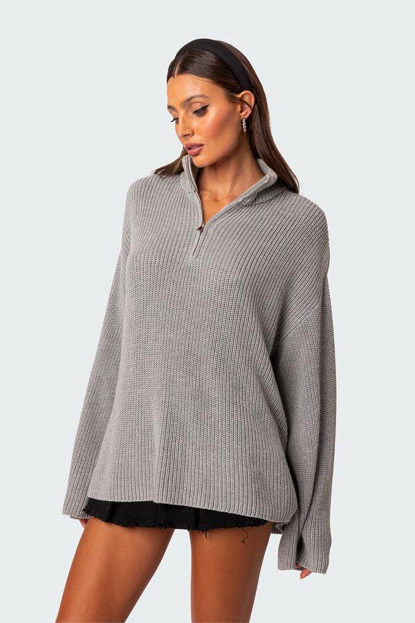 Edikted Amour High Neck Oversized Zip Sweater Gray Melange