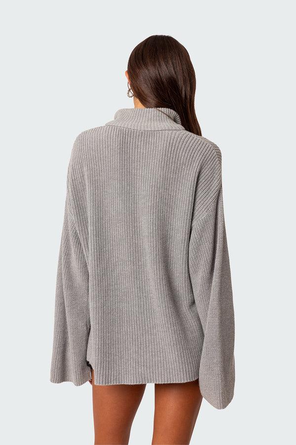 Edikted Amour High Neck Oversized Zip Sweater Gray Melange