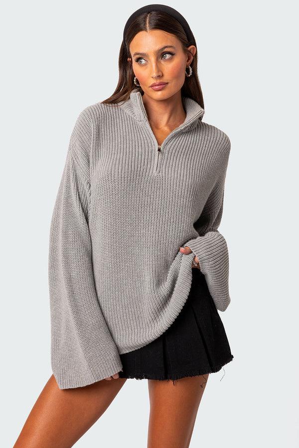 edikted Amour High Neck Oversized Zip Sweater gray melange