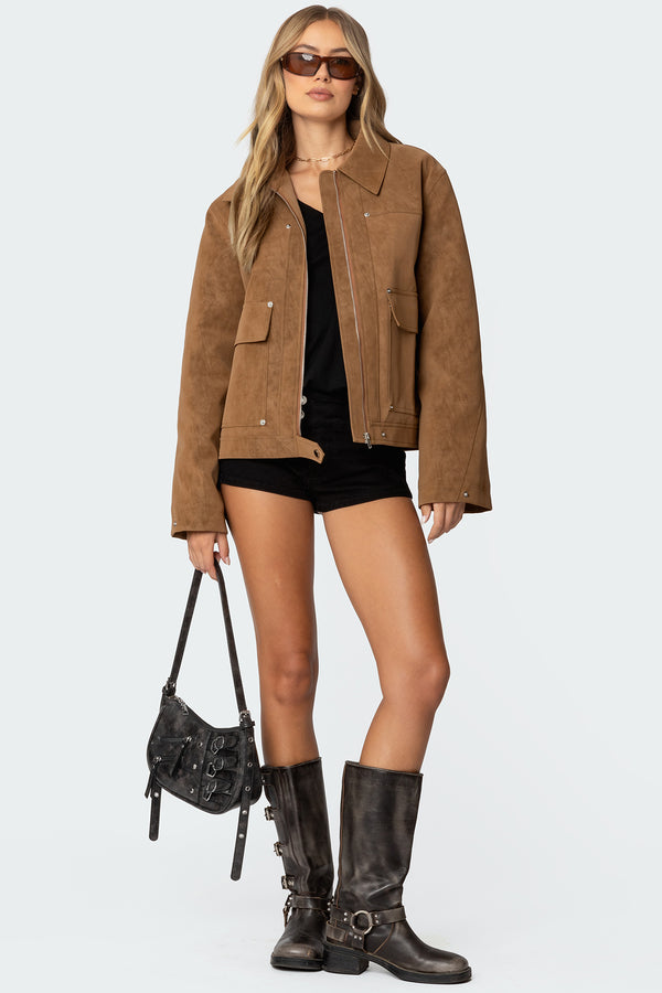 Edikted Annabelle Oversized Faux Suede Jacket Camel