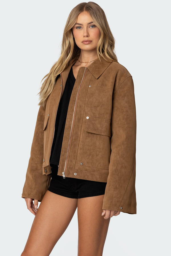 Edikted Annabelle Oversized Faux Suede Jacket Camel