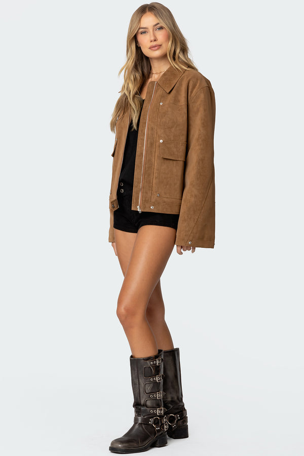 Edikted Annabelle Oversized Faux Suede Jacket Camel