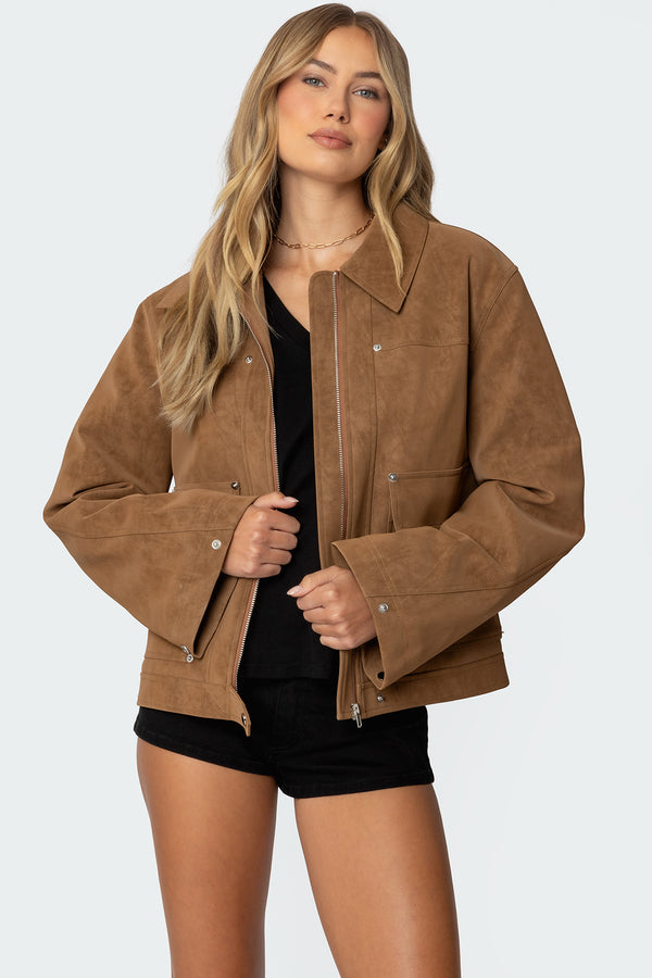 edikted Annabelle Oversized Faux Suede Jacket camel
