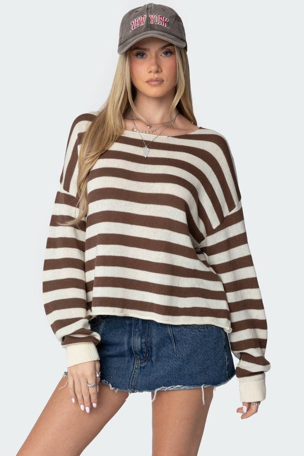edikted Anney Oversized Striped Sweater brown and cream