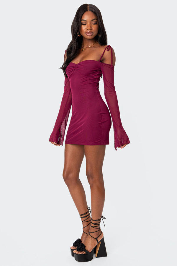 Edikted Ariel Off Shoulder Mesh Mini Dress Burgundy
