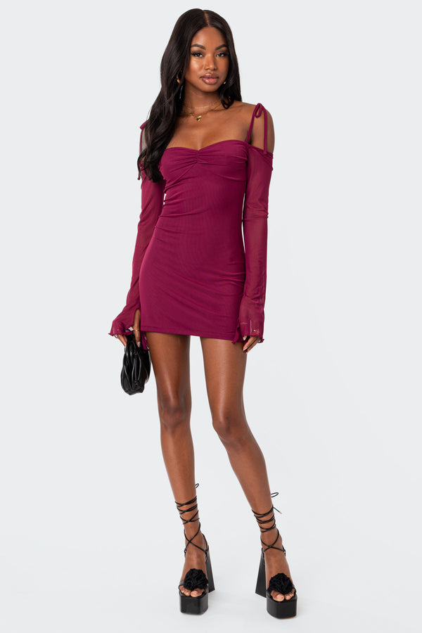 Edikted Ariel Off Shoulder Mesh Mini Dress Burgundy