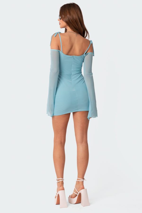 Edikted Ariel Off Shoulder Mesh Mini Dress Light Blue