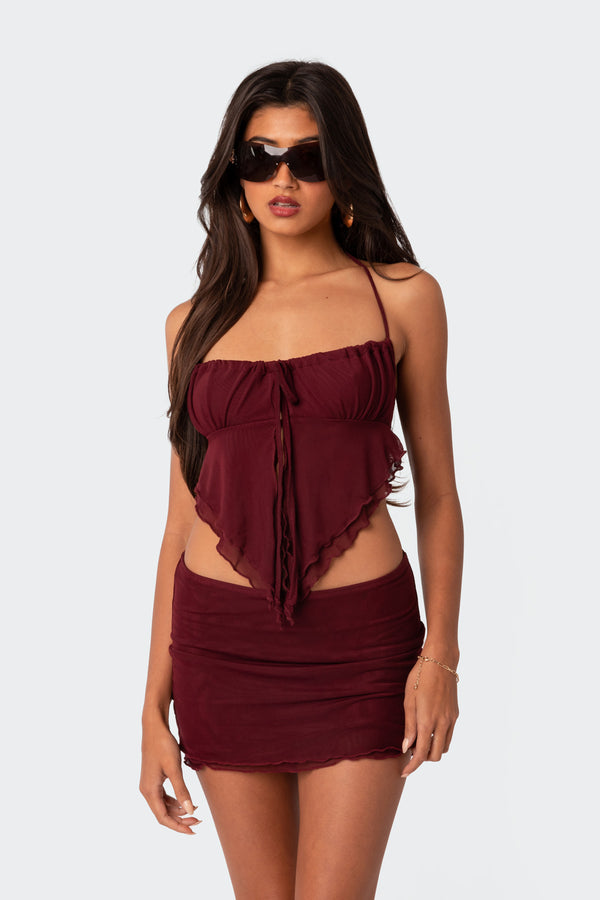 Edikted Ariyah Open Tie Back Ruffle Mesh Top Burgundy