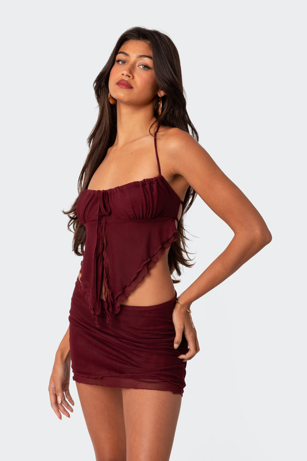 Edikted Ariyah Open Tie Back Ruffle Mesh Top Burgundy