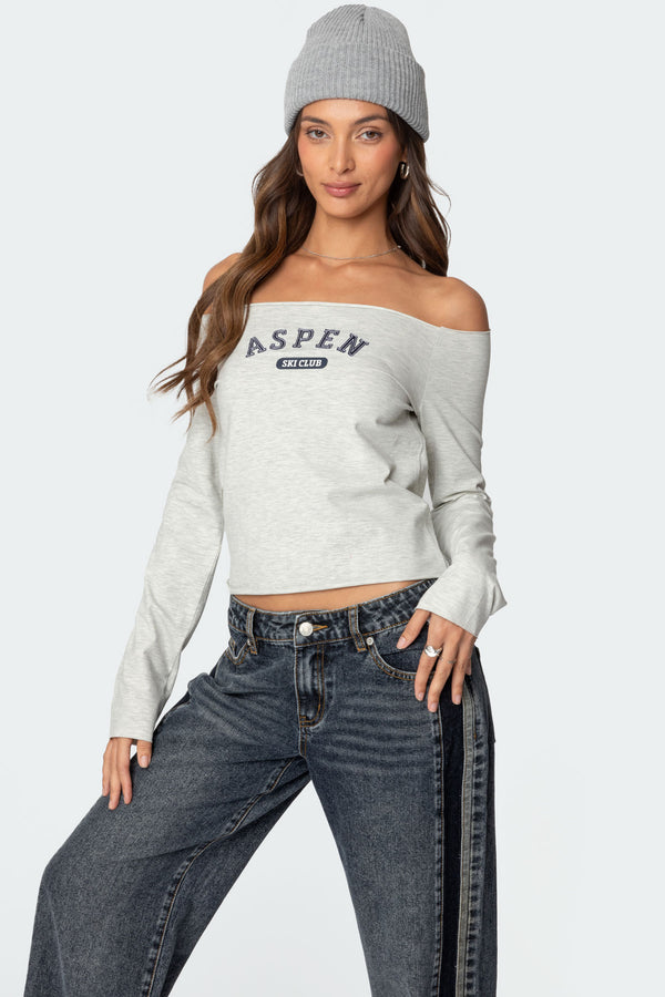 Edikted Aspen Ski Club Off Shoulder Top Gray Melange