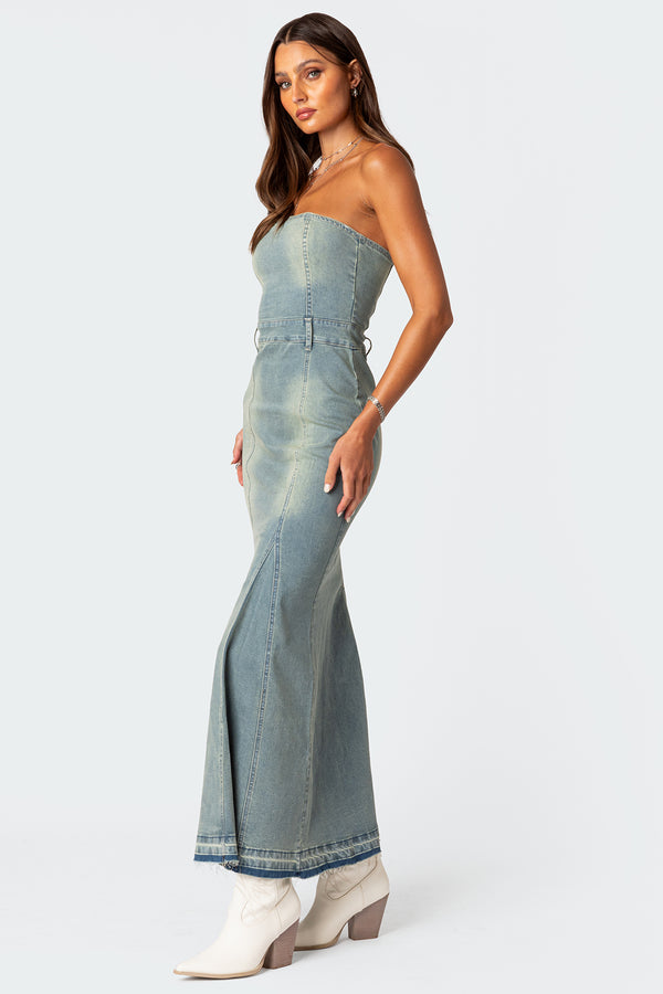 Edikted Astoria Slitted Denim Maxi Dress Blue Washed