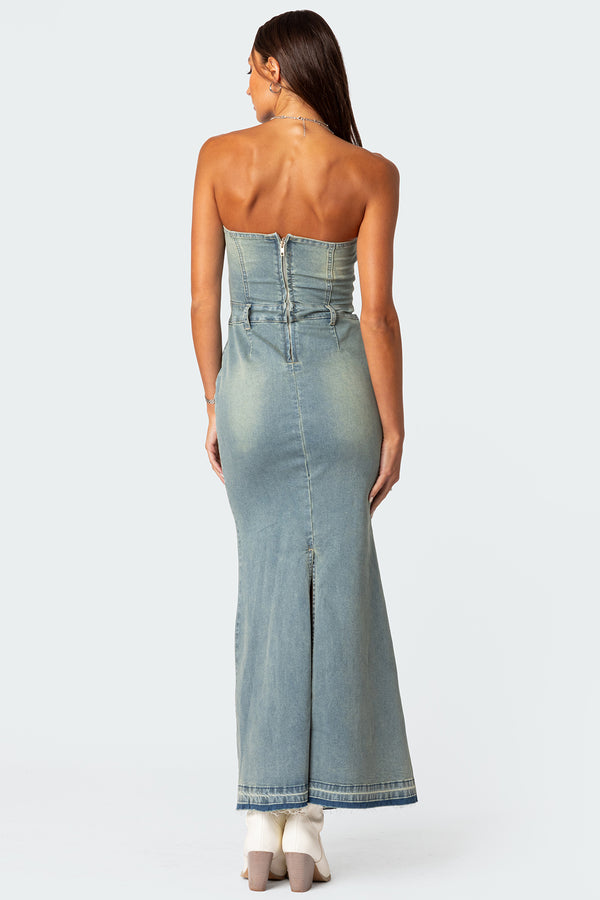 Edikted Astoria Slitted Denim Maxi Dress Blue Washed