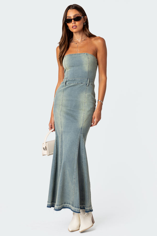 edikted Astoria Slitted Denim Maxi Dress blue washed