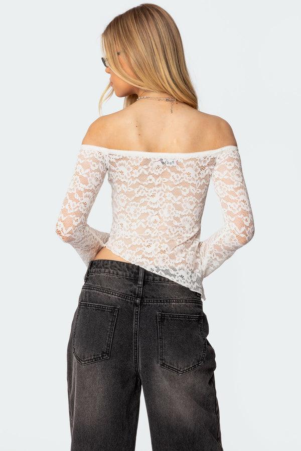 Edikted Asymmetric Sheer Lace Off Shoulder Top White
