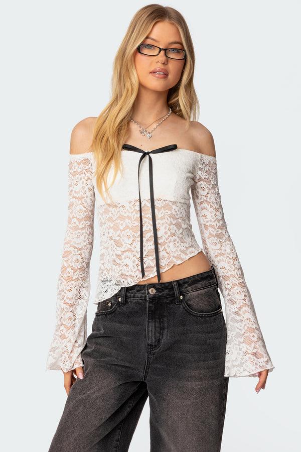 edikted Asymmetric Sheer Lace Off Shoulder Top white