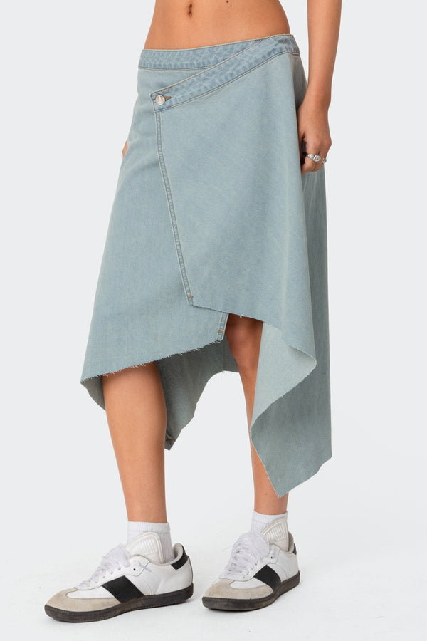 Edikted Asymmetric Wrapped Denim Midi Skirt Light Blue