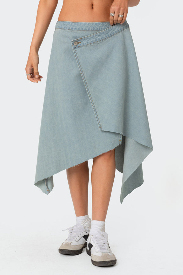 Edikted Asymmetric Wrapped Denim Midi Skirt Light Blue