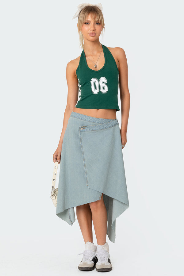 edikted Asymmetric Wrapped Denim Midi Skirt light blue
