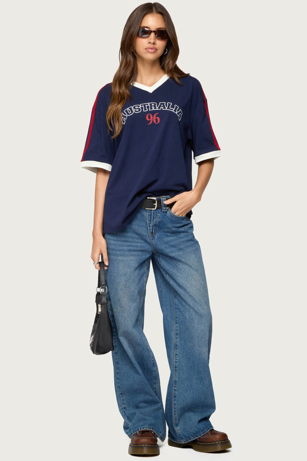 Edikted Australia 96 Contrast Oversized T Shirt Navy