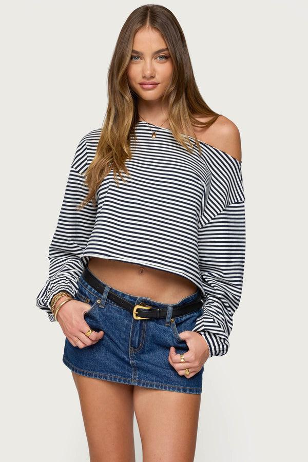 edikted Aveline Off Shoulder Light Sweatshirt navy and white