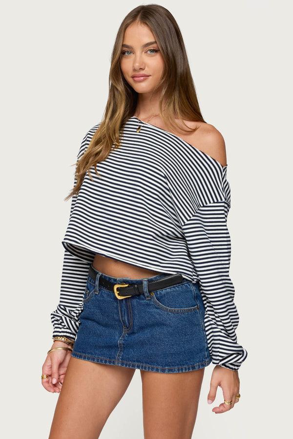Edikted Aveline Off Shoulder Light Sweatshirt Navy And White