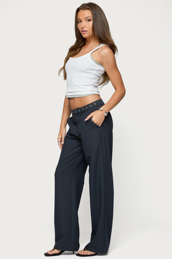 Edikted Ayve Eyelet Waist Straight Leg Pants Dark Gray