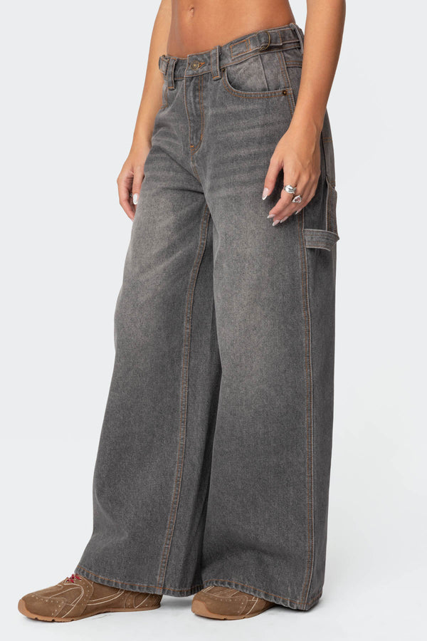 Edikted Baggy Washed Low Rise Carpenter Jeans Gray Washed