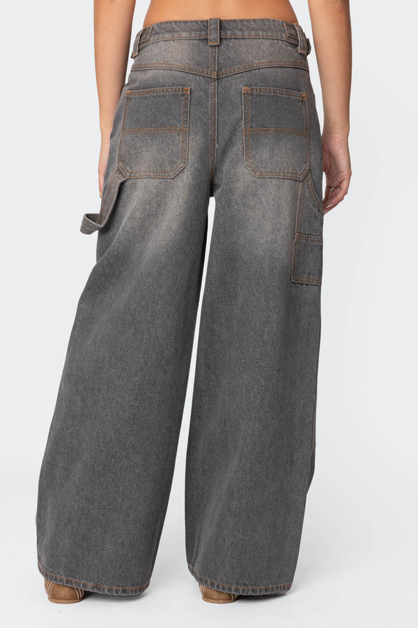 Edikted Baggy Washed Low Rise Carpenter Jeans Gray Washed