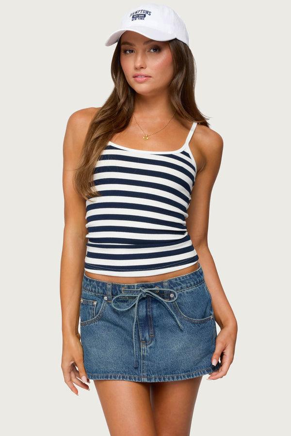 edikted Bailee Striped Ribbed Tank Top navy and white