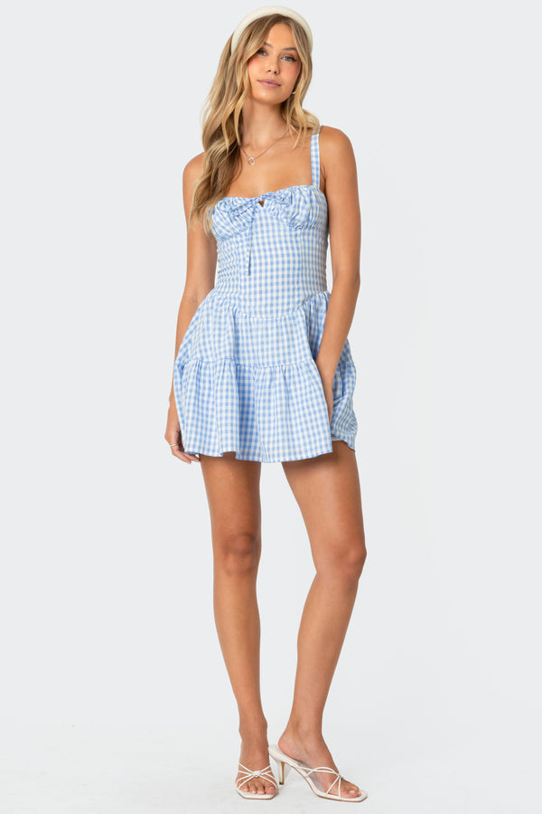 Edikted Basil Cupped Gingham Mini Dress Blue And White