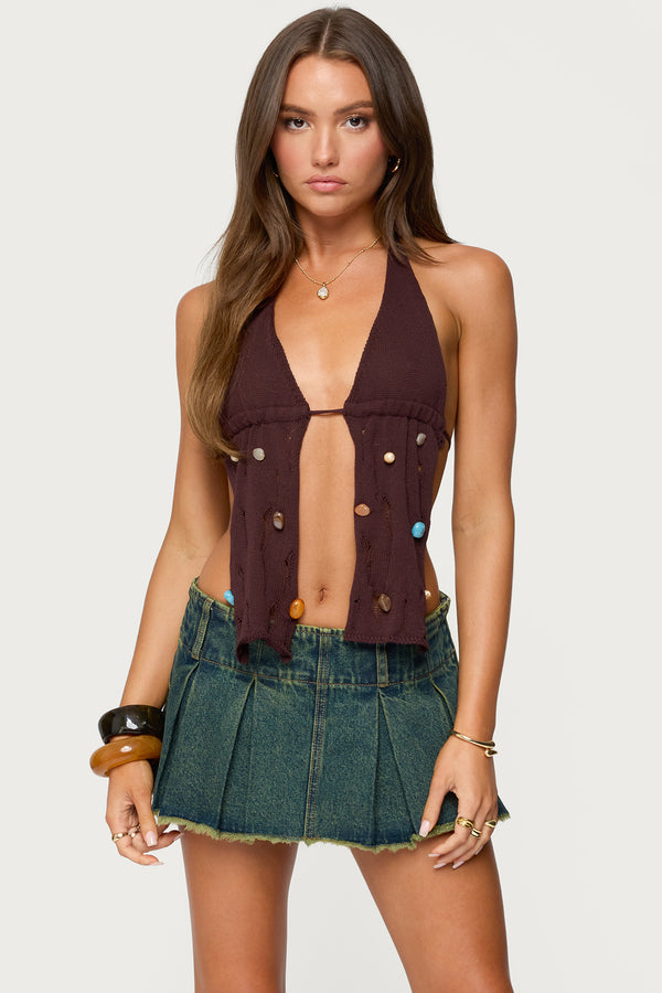 Edikted Beaded Distressed Knit Split Front Top Brown