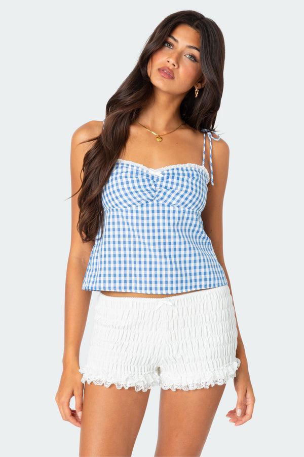 Edikted Billie Open Tie Back Gingham Top Blue And White