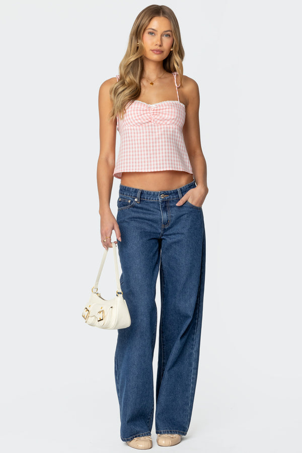 Edikted Billie Open Tie Back Gingham Top Light Pink