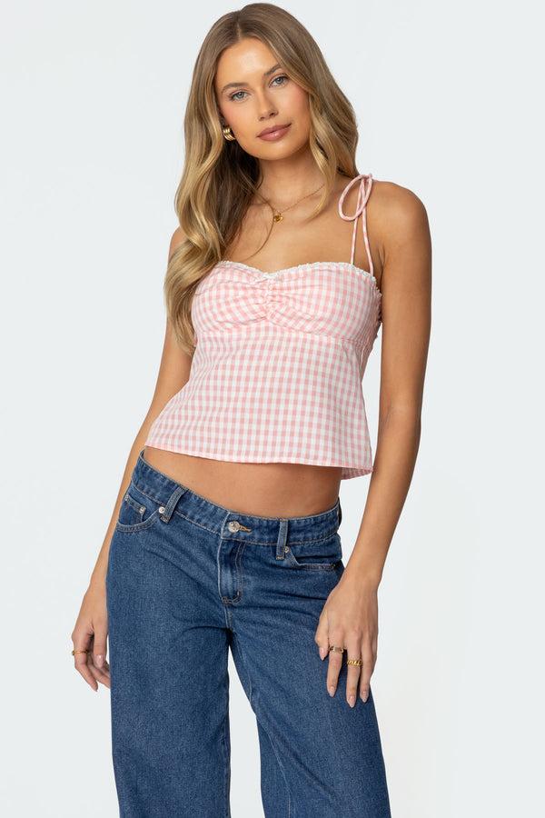 Edikted Billie Open Tie Back Gingham Top Light Pink