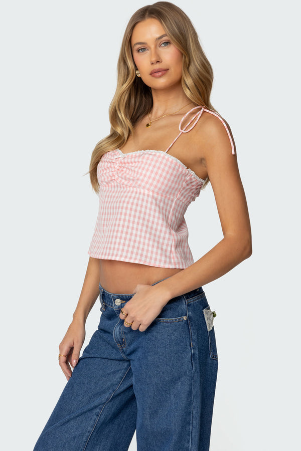 Edikted Billie Open Tie Back Gingham Top Light Pink