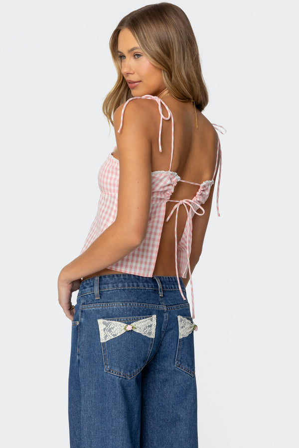 edikted Billie Open Tie Back Gingham Top light pink