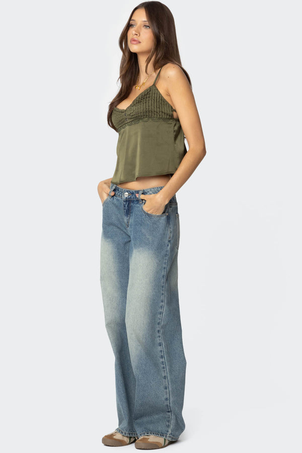 Edikted Blanca Satin Effect Lace Trim Tank Top Green