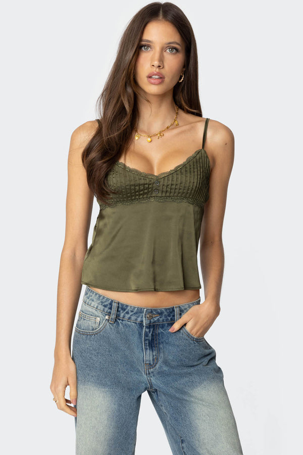 edikted Blanca Satin Effect Lace Trim Tank Top green